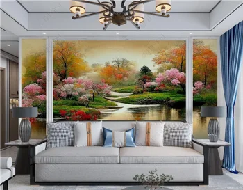 Foto 3d papéis de parede personalizados mural-Americano paisagem de floresta e rio em pintura a óleo de decoração de sala de estar papel de parede para parede 3d