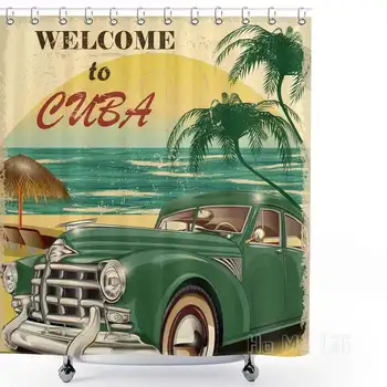Retro Chuveiro Cortina Nostálgico Bem-Vindo À Cuba De Impressão Carro Clássico Beach, Ocean Palmeiras Decoração Do Banheiro