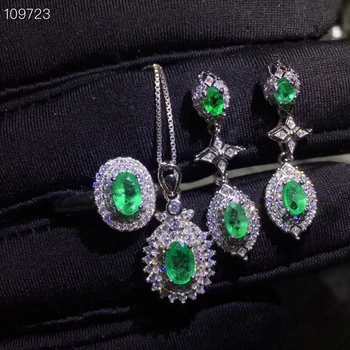 Natural de cor verde esmeralda Anel, Pingente, Brincos de pedra preciosa Natural Conjunto de Jóias de S925 Prata Retro Luxo Cruz das Mulheres jóia do partido