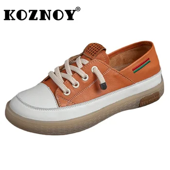 Koznoy 2cm Retro Couro Genuíno senhoras verão, Outono Confortável Mulheres Macio, com solado de Televisão de Fadas Lazer Laço Enfermeira multicolor Sapatos