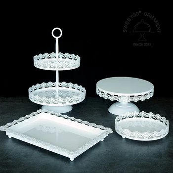 SWEETGO bolo de stand conjunto de 4 peças borda do laço branco de mesa de sobremesa de festa de casamento duche evento fornecedor doce mesa de decoração do bolo