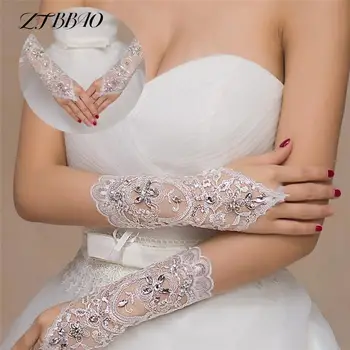 1Pair Branco Marfim Mulheres sem dedos de Noiva, Luvas Para Acessórios do Casamento Elegante Curto Parágrafo Strass Laço Branco Luvas