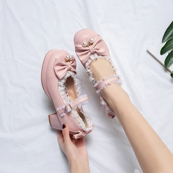 2022 novos calçados femininos tamanho plus 22-28 metros de comprimento de Arco laço com painéis de rendas e pérolas, bonito lolita meninas sapatos Mary Jane shoes