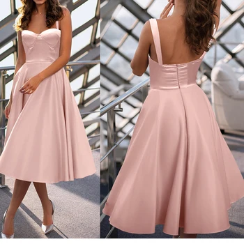 2021 Nova Moda Sexy Comprimento Médio de Espaguete fita para a Festa à Noite Manto para a Senhora Elegante Decote em V sem encosto Vestido cor-de-Rosa Vestidos de Baile