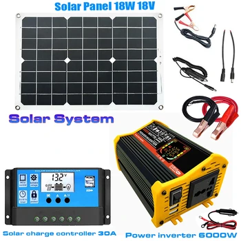 6000W Sistema Solar, Inversor de Potência do Conjunto de 12V para 110V 220V Potência do Inversor com o Smart Display LCD 18W 18V Painel Solar 30A Controlador
