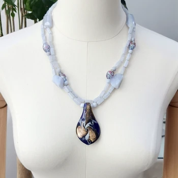 Lii Ji Real, Pedra Azul Colar cordão Azul Agates 2rows 58cm Cor do Esmalte Pingente Mulheres Colar de Stocksale